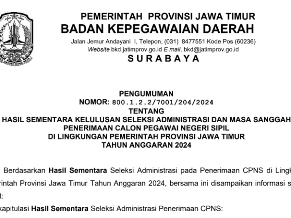 Pengumuman Seleksi Administrasi CPNS Pemprov Jawa Timur 2024 (Sementara)/ Dok. bkd.jatimprov.go.id