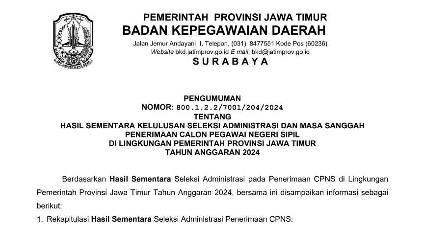 Pengumuman Seleksi Administrasi CPNS Pemprov Jawa Timur 2024 (Sementara)/ Dok. bkd.jatimprov.go.id