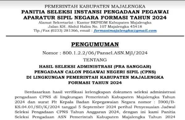 Pengumuman Hasil Administrasi CPNS Pemkab Majalengka Pra Sanggah 2024/ Dok. BKPSDM Majalengka