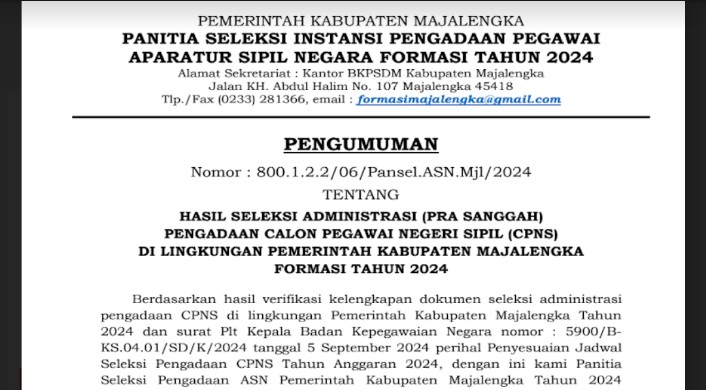 Pengumuman Hasil Administrasi CPNS Pemkab Majalengka Pra Sanggah 2024/ Dok. BKPSDM Majalengka