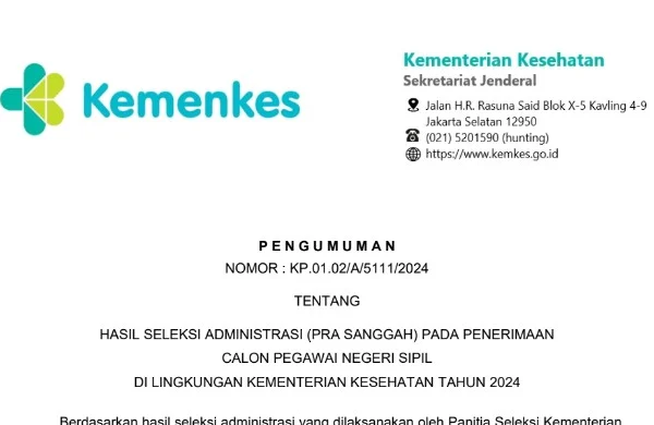 Tangka Layar PDF Pengumuman Hasil Seleksi Administrasi CPNS Kemenkes 2024 (Pra-Sanggah)/Dok. Web CASN Kemenkes