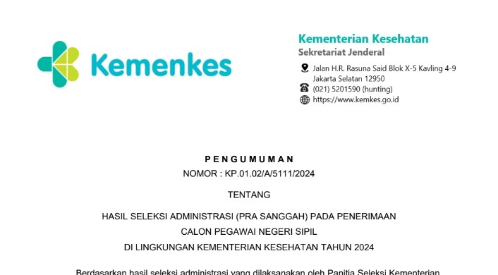 Tangka Layar PDF Pengumuman Hasil Seleksi Administrasi CPNS Kemenkes 2024 (Pra-Sanggah)/Dok. Web CASN Kemenkes