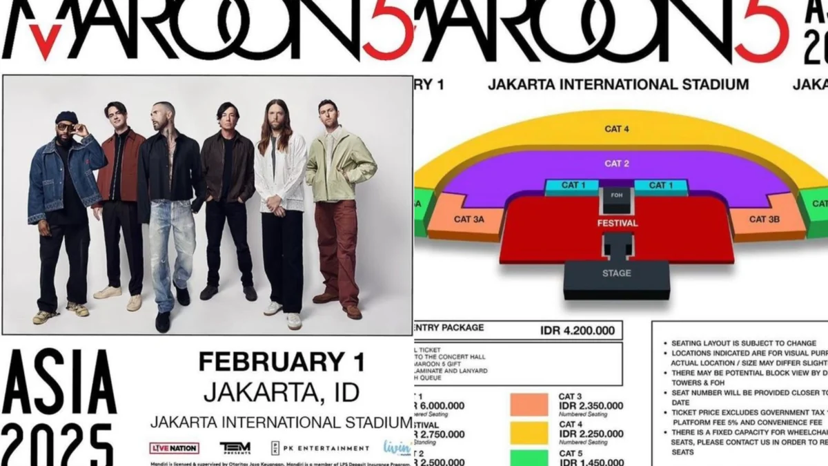 TOUR ASIA! Konser Maroon 5 Jakarta 2025, Berikut Harga & Denah Lengkapnya