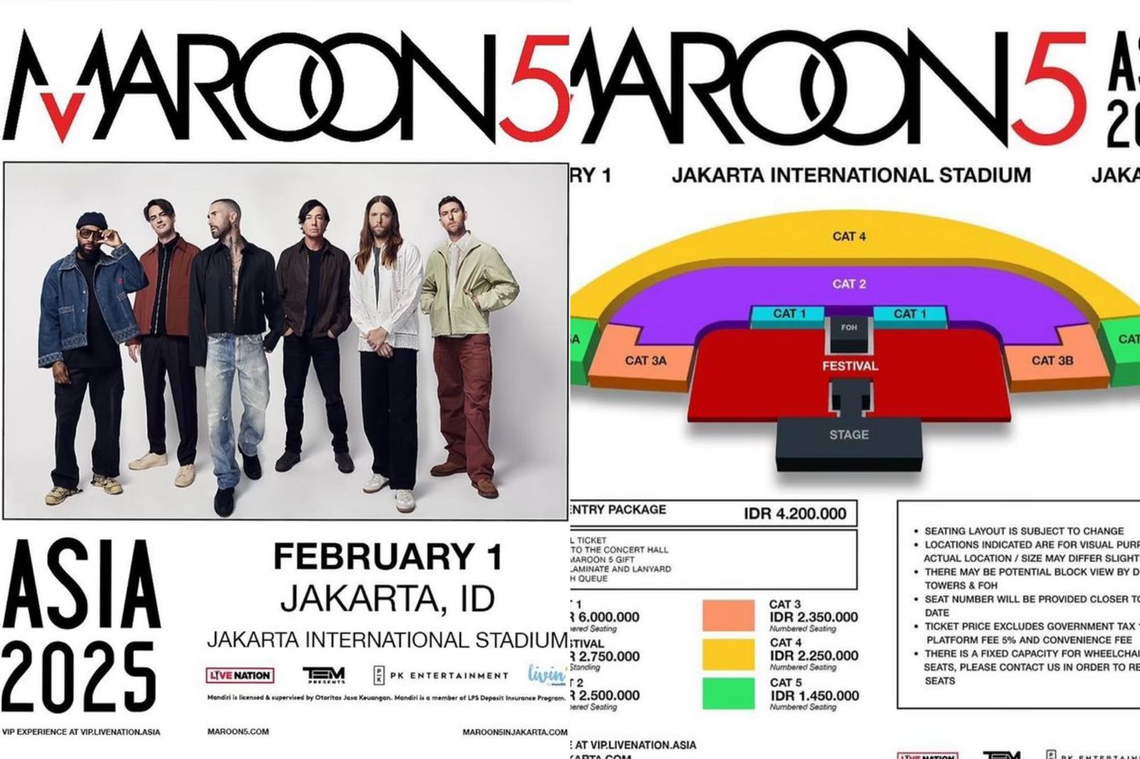 TOUR ASIA! Konser Maroon 5 Jakarta 2025, Berikut Harga & Denah Lengkapnya