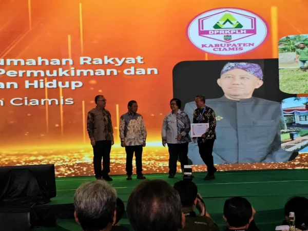 Kepala Dinas Perumahan Rakyat, Kawasan Permukiman, dan Lingkungan Hidup Kabupaten Ciamis, Okta Jabal Nugraha (kanan) saat menerima Anugerah Adi Niti tahun 2024 dalam kategori Standardisasi Instrumen Lingkungan Hidup dan Kehutanan, di Jakarta 10 September 2024. (Istimewa)