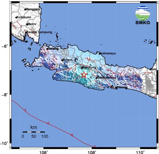 Ilustrasi: Peta monitoring pergerakan gempa bumi hasil tangkapan layar BMKG. (Kepala BMKG Stasiun Geofisika Bandung, Teguh Rahayu for Jabar Ekspres)