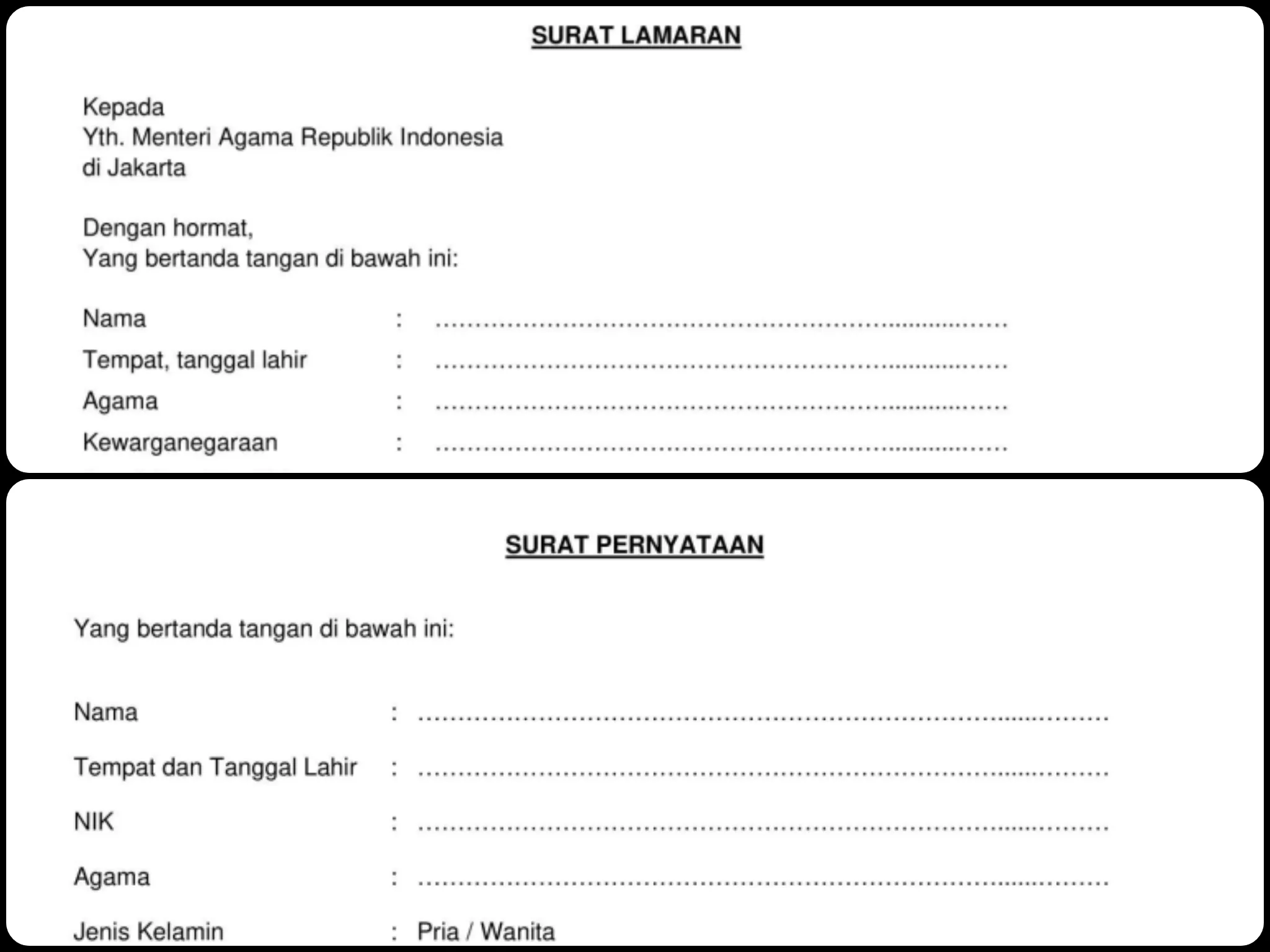 Kolase contoh format surat CPNS Kemenag 2024/ Tangkap Layar cdn.kemenag.go.id