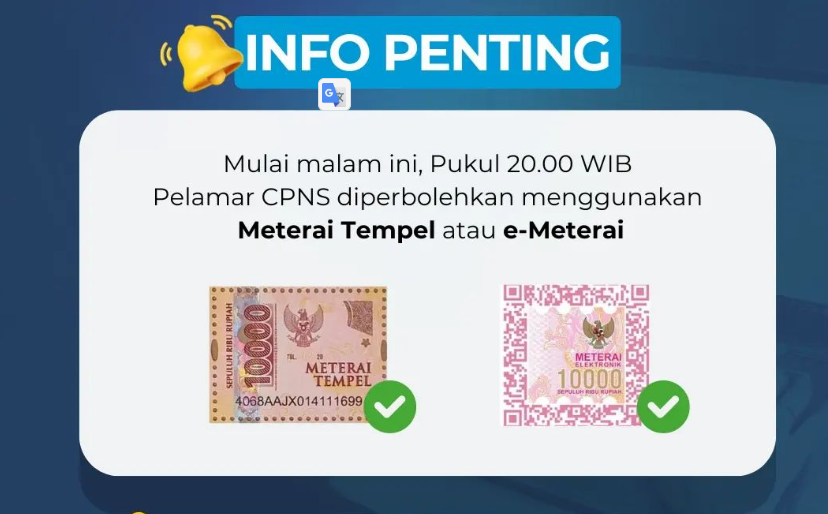 Penggunaan meterai fisik atau tempel pada pendaftaran CPNS 2024/ Instagram @bkngoidofficial