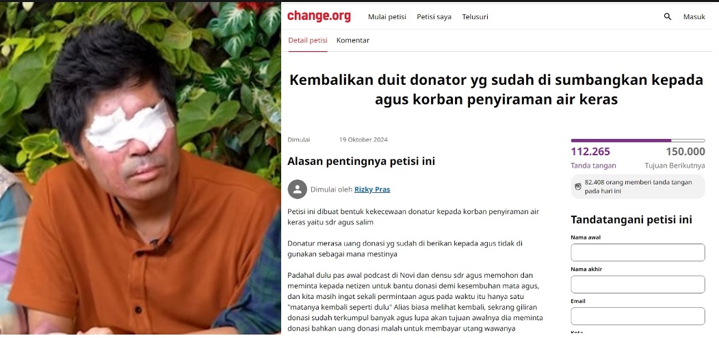 Link Petisi Donasi Agus yang kini tengah viral.