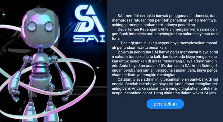 Aplikasi SAI Robot yang meminta membernya membayar lagi.