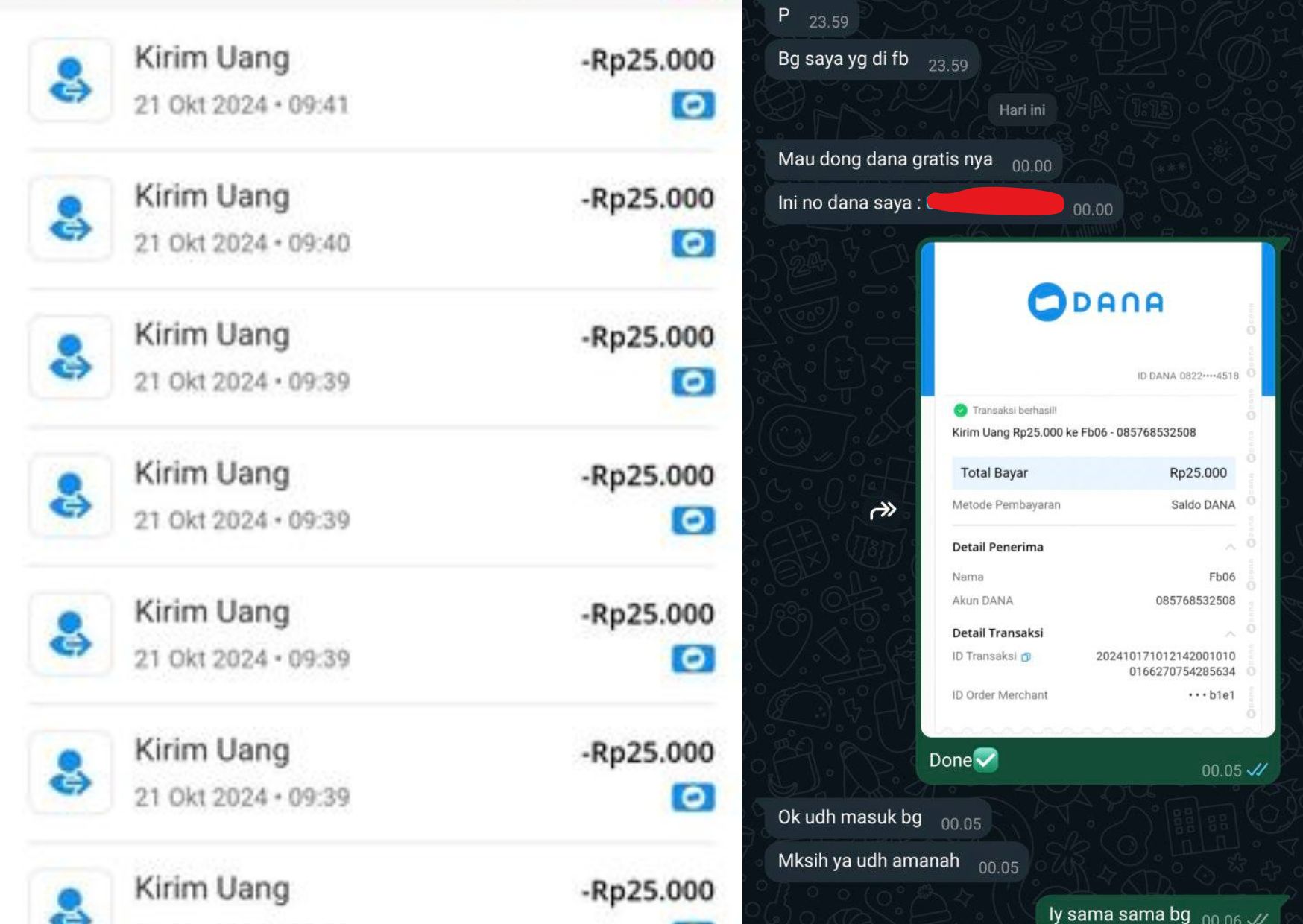 Viral di WhatsApp yang mengklaim bagi-bagi dana gratis dengan nomor tertentu. Pembaca diingatkan berhati-hati terhadap modus penipuan ini