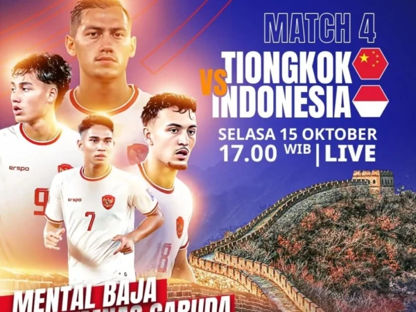 Saksikan link nonton streaming China vs Indonesia kualifikasi piala dunia 2026 yang disiarkan hari ini secara gratis pukul 19.00 WIB.