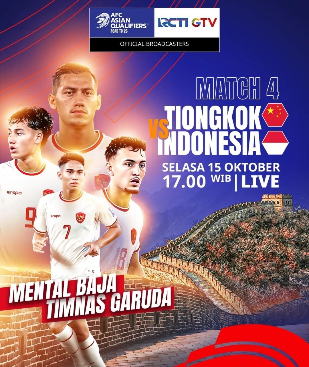 Saksikan link nonton streaming China vs Indonesia kualifikasi piala dunia 2026 yang disiarkan hari ini secara gratis pukul 19.00 WIB.