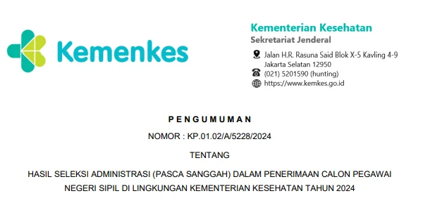 Pengumuman Hasil Sanggah Administrasi CPNS Kemenkes 2024/ Dok. casn.kemkes.go.id