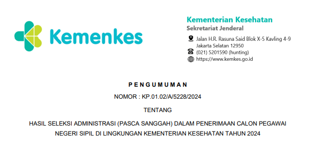 Pengumuman Hasil Sanggah Administrasi CPNS Kemenkes 2024/ Dok. casn.kemkes.go.id