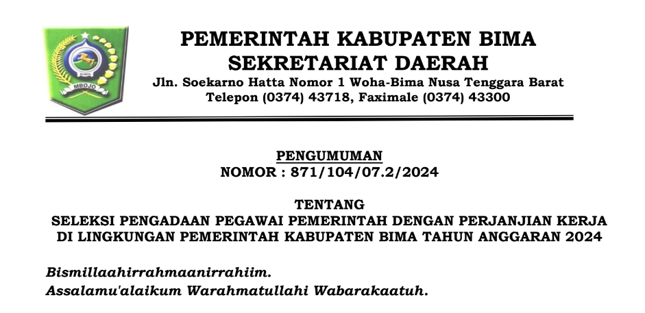 Tangkap Layar Pengumuman PPPK 2024 Kabupaten Bima/ Dok. BKD dan Diklat Kab. Bima