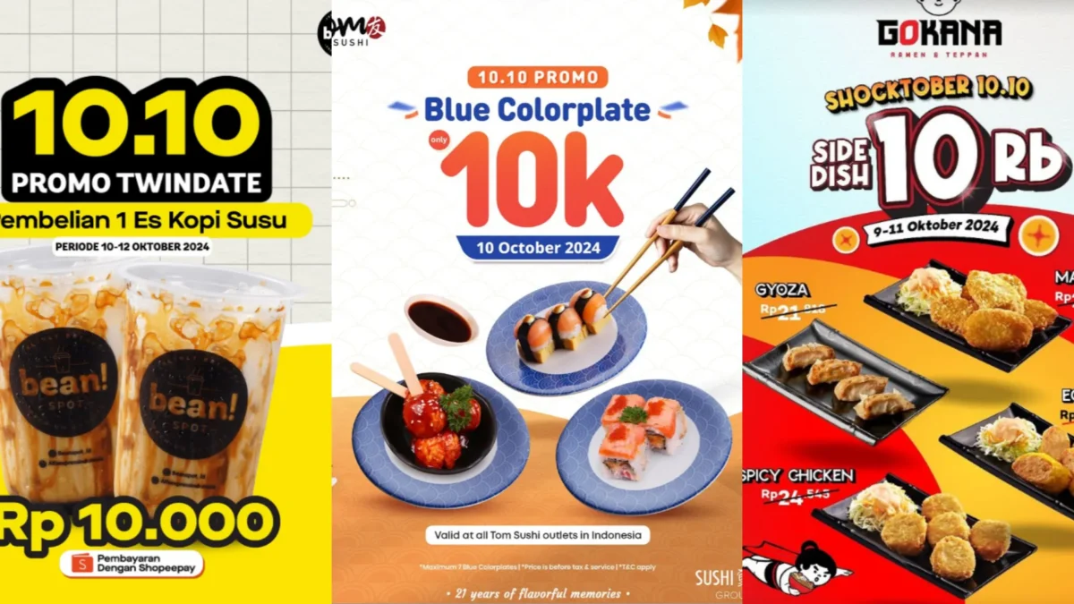 Promo 10.10 Oktobe 2024 Serba Rp10 Ribuan/ Kolase Instagram BeanSpot, Tomsushi, dan Gokana