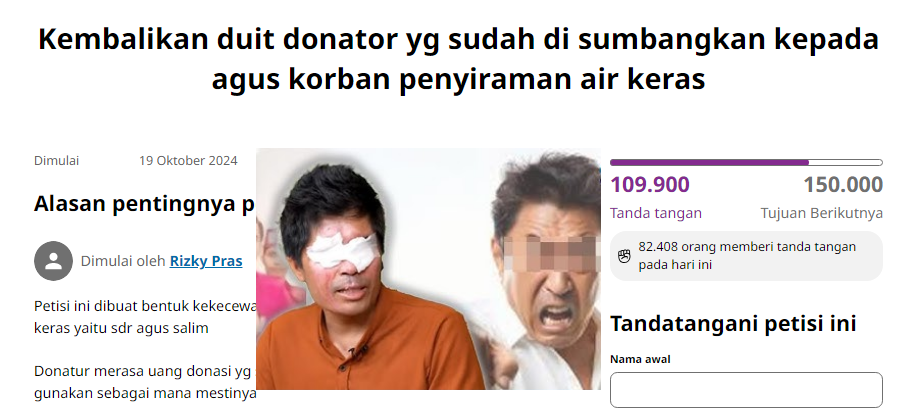 Ini Link Petisi Pengembalian Uang Donasi Agus Korban Siram Air Keras Menjadi Viral, Kenapa?