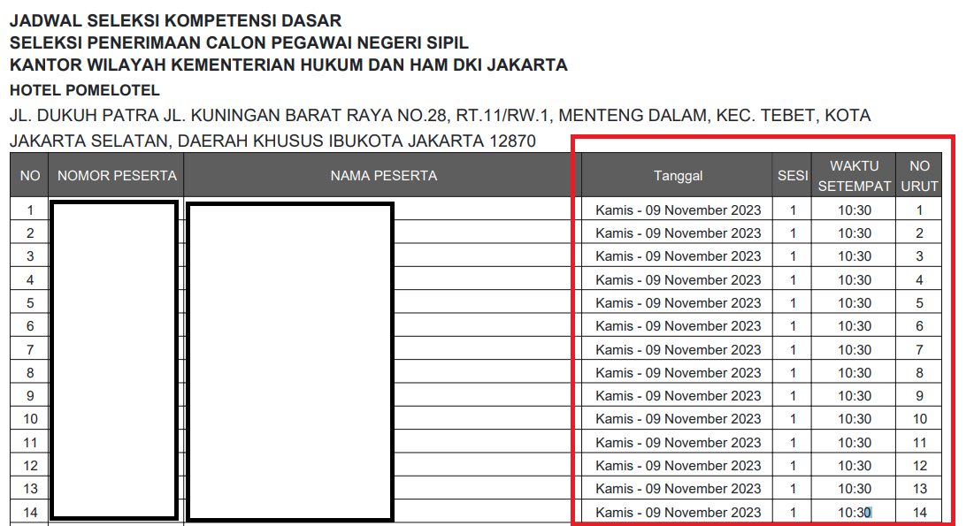 Contoh Pengumuman SKD CPNS Tahun 2023/ Dok. casn.kemenkumham.go.id