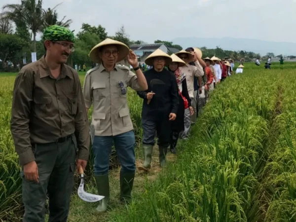 Fadli Zon saat menghadiri kegiatan panen raya di Kampung Ciherang, Desa Kiangroke, Banjaran, Kabupaten Bandung, Rabu (9/10). Foto Agi