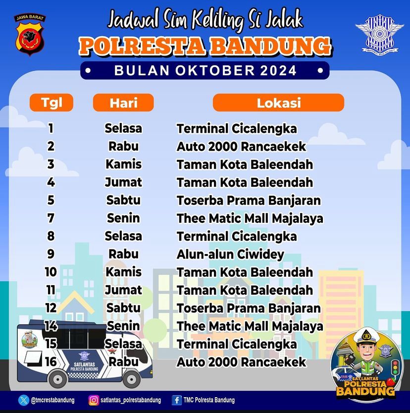 Jadwal SIM Keliling Si Jalak Polresta Bandung Periode 1 - 16 Oktober 2024 (Instagram @satlantas_polrestabandung)