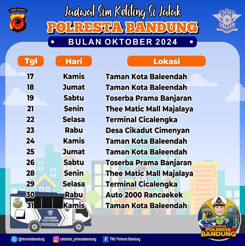 Jadwal SIM Keliling Si Jalak Polresta Bandung Periode 17 - 31 Oktober 2024