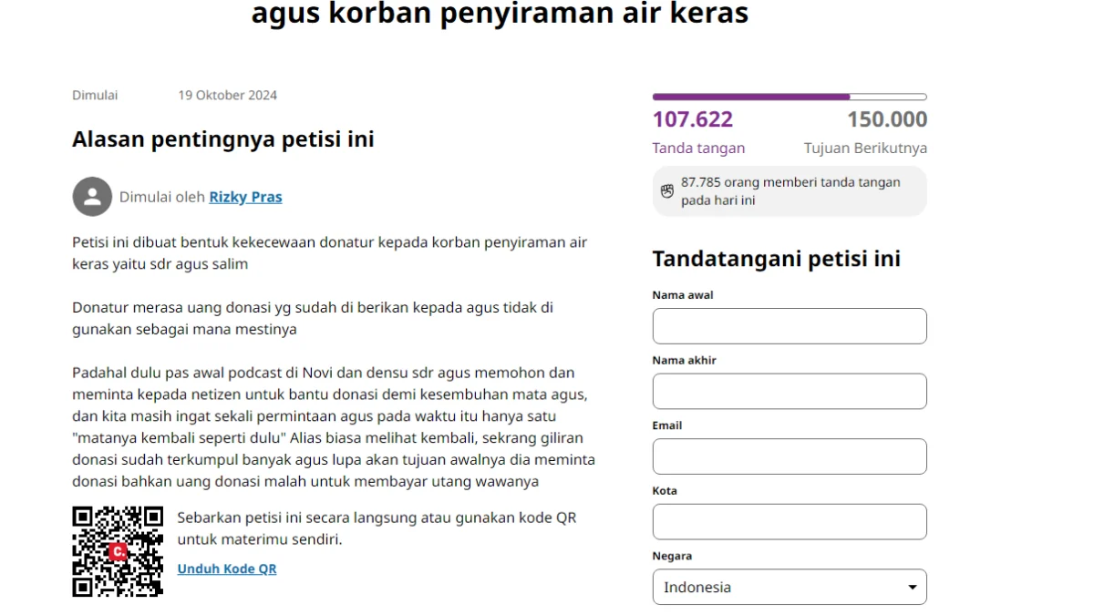 Viral! Link Petisi Pengembalian Dana Donasi Agus Korban Penyiraman Air Keras, Para Donatur Ingin Uang Kembali