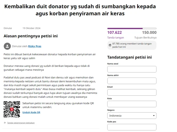 Viral! Link Petisi Pengembalian Dana Donasi Agus Korban Penyiraman Air Keras, Para Donatur Ingin Uang Kembali