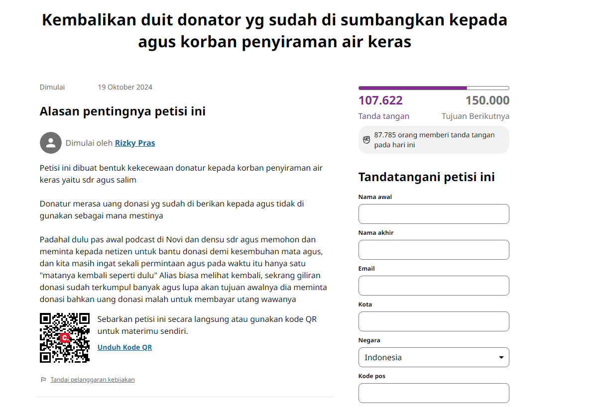 Viral! Link Petisi Pengembalian Dana Donasi Agus Korban Penyiraman Air Keras, Para Donatur Ingin Uang Kembali