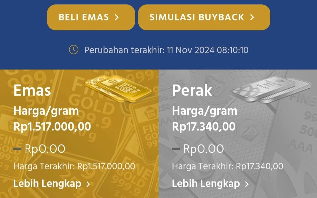 Harga emas Antam hari ini pertanggal 11 November 2024 tidak mengalami perubahan signifikan masih di harga Rp1,517,000.(foto:facebook)