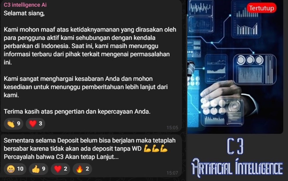 Pengumuman dari Aplikasi C3 Intelligence AI yang sedang terjadi kendala.