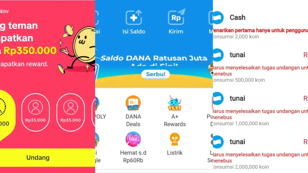 Aplikasi Penghasil Uang Populer November 2024/ Kolase Aplikasi TikTok, DANA dan Cashzine