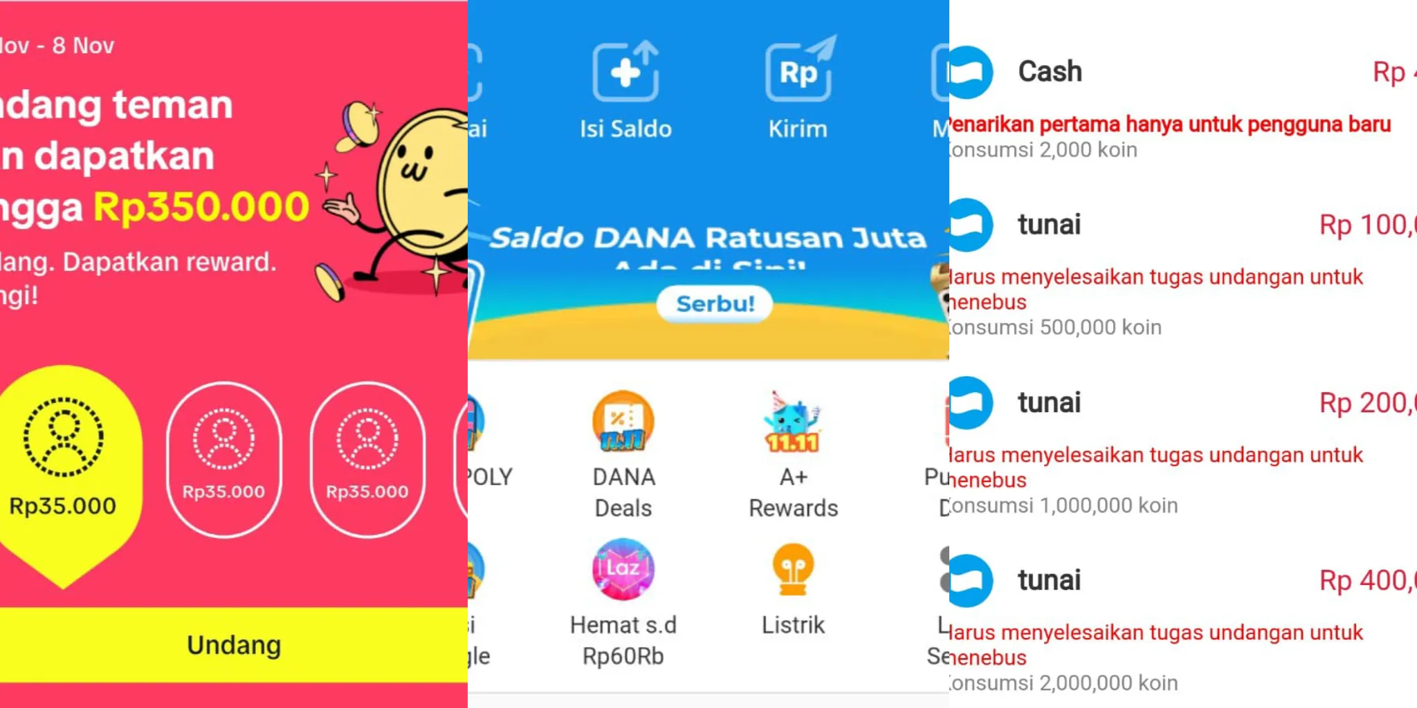 Aplikasi Penghasil Uang Populer November 2024/ Kolase Aplikasi TikTok, DANA dan Cashzine