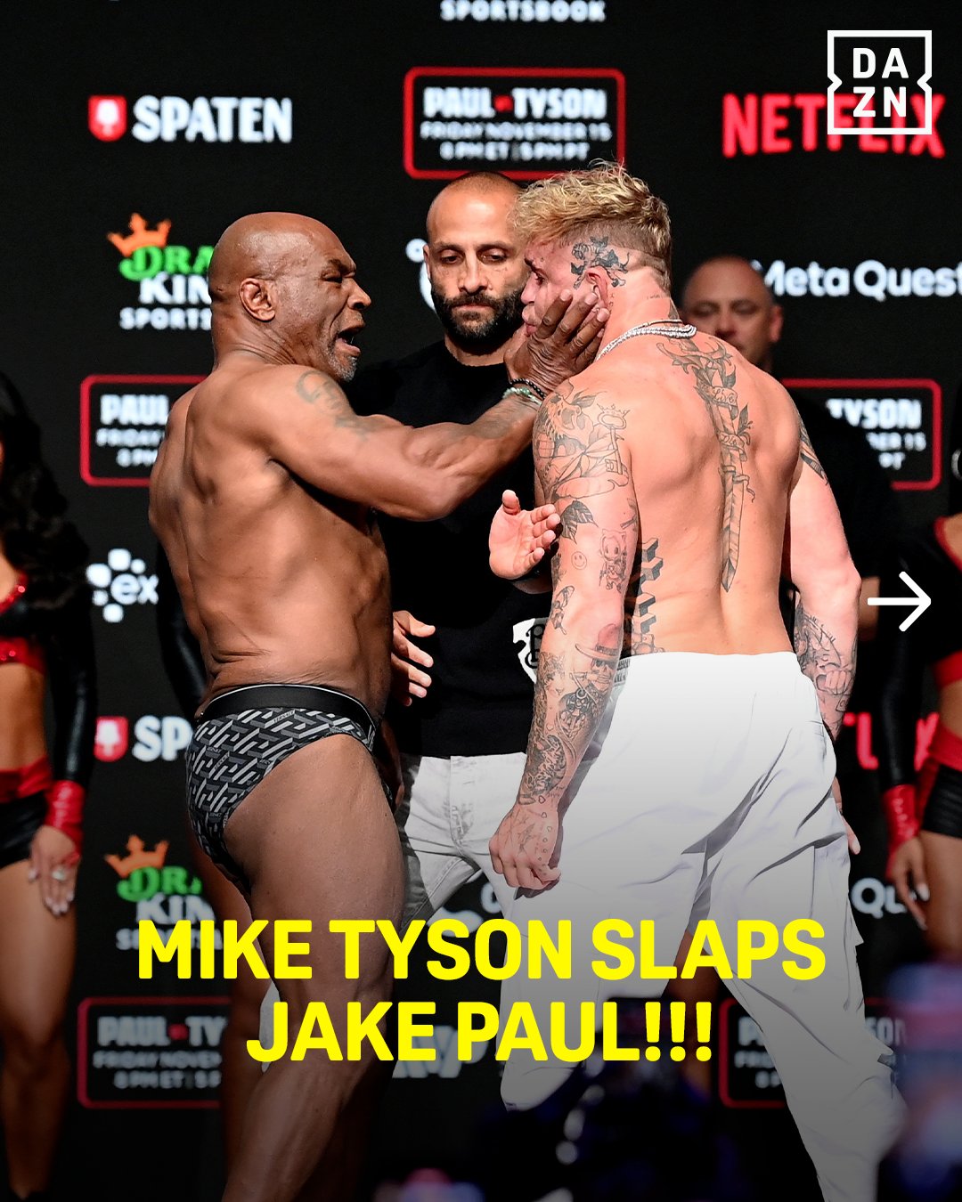 Mike Tyson mengejutkan publik dengan tampar ke Jake Paul di sesi timbang badan, sehari sebelum pertarungan kontroversial di Arlington, Texas.