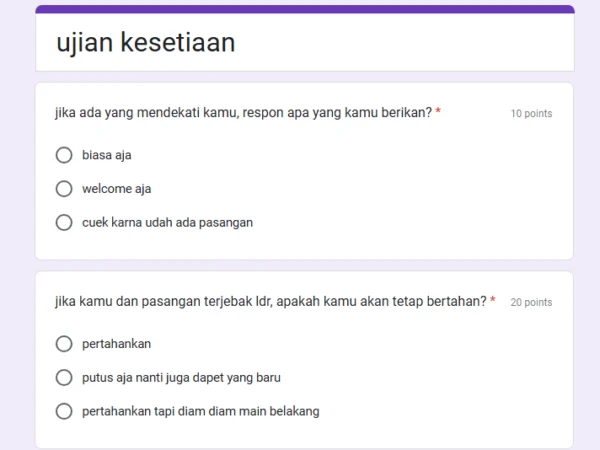 Link Ujian Kesetiaan Google Form DISINI Gratis Tes Seberapa Setia Pasanganmu