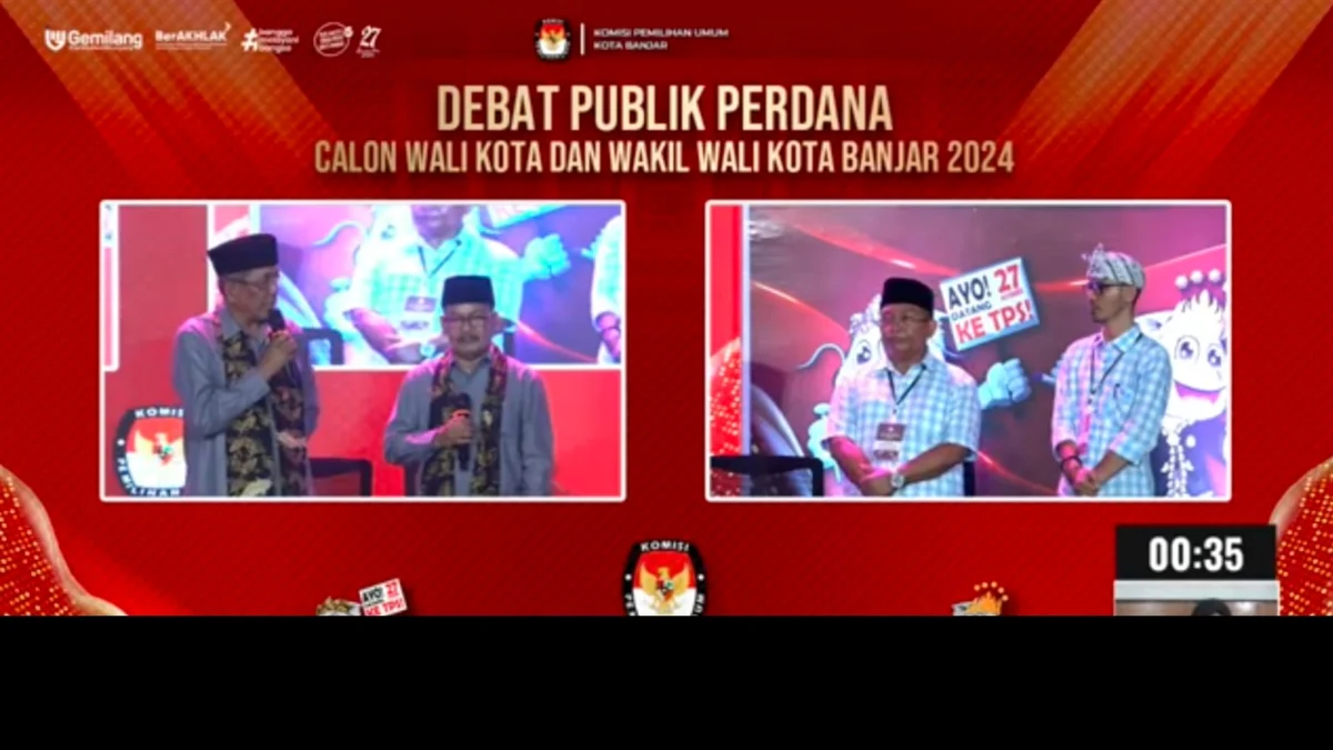 Tangkapan layar debat publik Pilkada Kota Banjar menampilkan paslon walikota dan wakil walikota Sudarsono-Suriana (kiri), dan Paslon Bambang Hidayah-Dani Danial Mukhlis (kanan), yang diselenggarakan KPU Banjar pada Selasa 5 November 2024 malam.