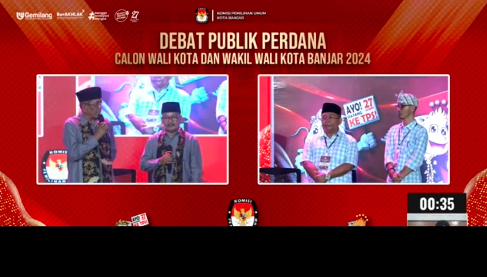 Tangkapan layar debat publik Pilkada Kota Banjar menampilkan paslon walikota dan wakil walikota Sudarsono-Suriana (kiri), dan Paslon Bambang Hidayah-Dani Danial Mukhlis (kanan), yang diselenggarakan KPU Banjar pada Selasa 5 November 2024 malam.