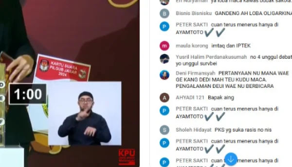 Ilustrasi Iklan judi online di kolom komentar live debat Pilkada. (Tangkapan Layar / Youtube KPU Jabar)