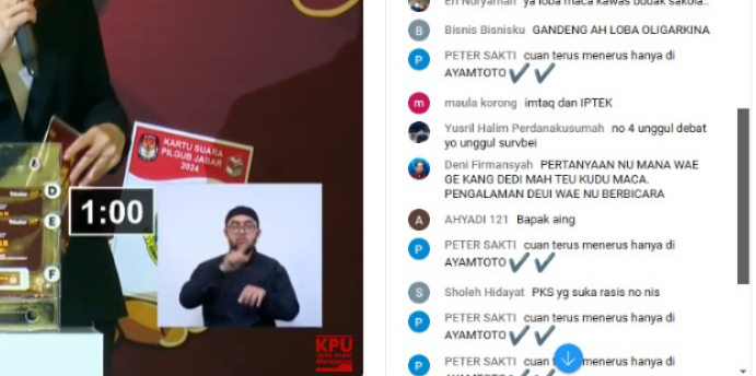 Ilustrasi Iklan judi online di kolom komentar live debat Pilkada. (Tangkapan Layar / Youtube KPU Jabar)