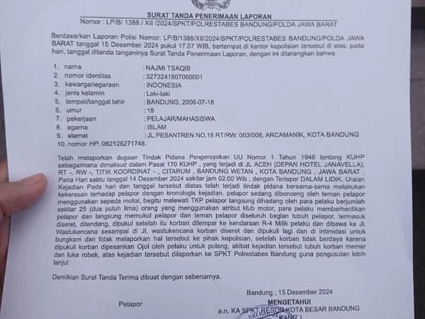 Dugaan penganiayaan Mahasiswa NT oleh Anggota Klub Motor Gede di Bandung telah dilaporkan ke Polrestabes Bandung. (ISTIMEWA)