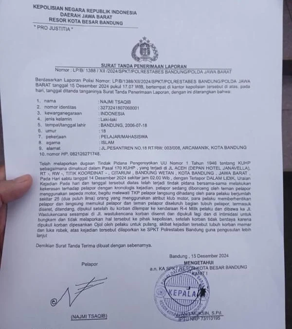 Dugaan penganiayaan Mahasiswa NT oleh Anggota Klub Motor Gede di Bandung telah dilaporkan ke Polrestabes Bandung. (ISTIMEWA)