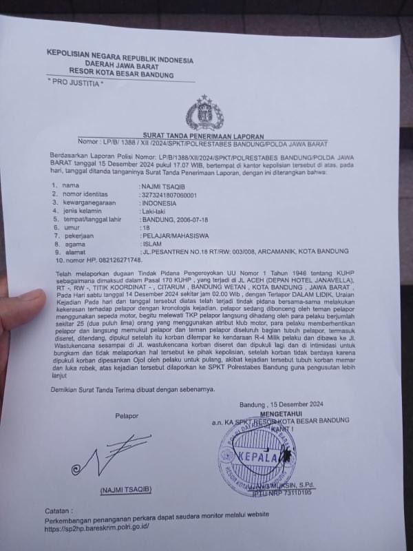 Dugaan penganiayaan Mahasiswa NT oleh Anggota Klub Motor Gede di Bandung telah dilaporkan ke Polrestabes Bandung. (ISTIMEWA)