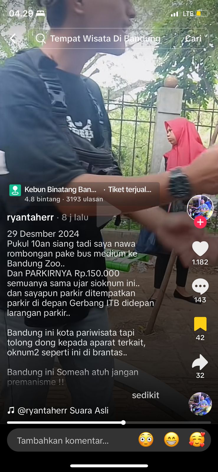 Getok parkir kembali terjadi di tempat wisata Kebun Binatang Bandung. Bus dimintai tarif sebesar Rp150.000. (Tangkapan layar / Jabar Ekspres)