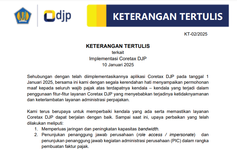 KETERANGAN TERTULIS terkait Implementasi Coretax DJP