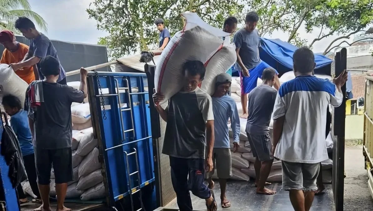 Ilustrasi petugas Badan Urusan Logistik (Bulog) sedang mengangkut gabah. (foto/ANTARA)