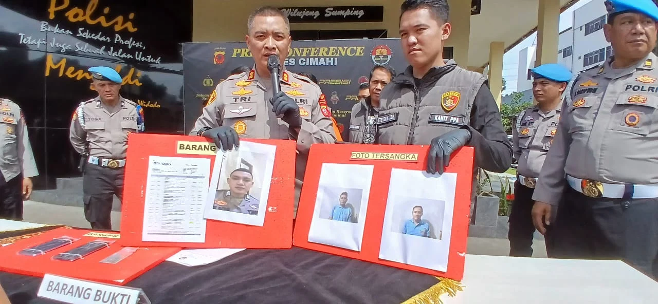 Kapolres Cimahi, AKBP Tri Suhartanto saat Menujukkan Profil Pelaku Tindak Pidana Penipuan atau Tindak Pidana Kekerasan Seksual. (Mong / Jabar Ekspres)