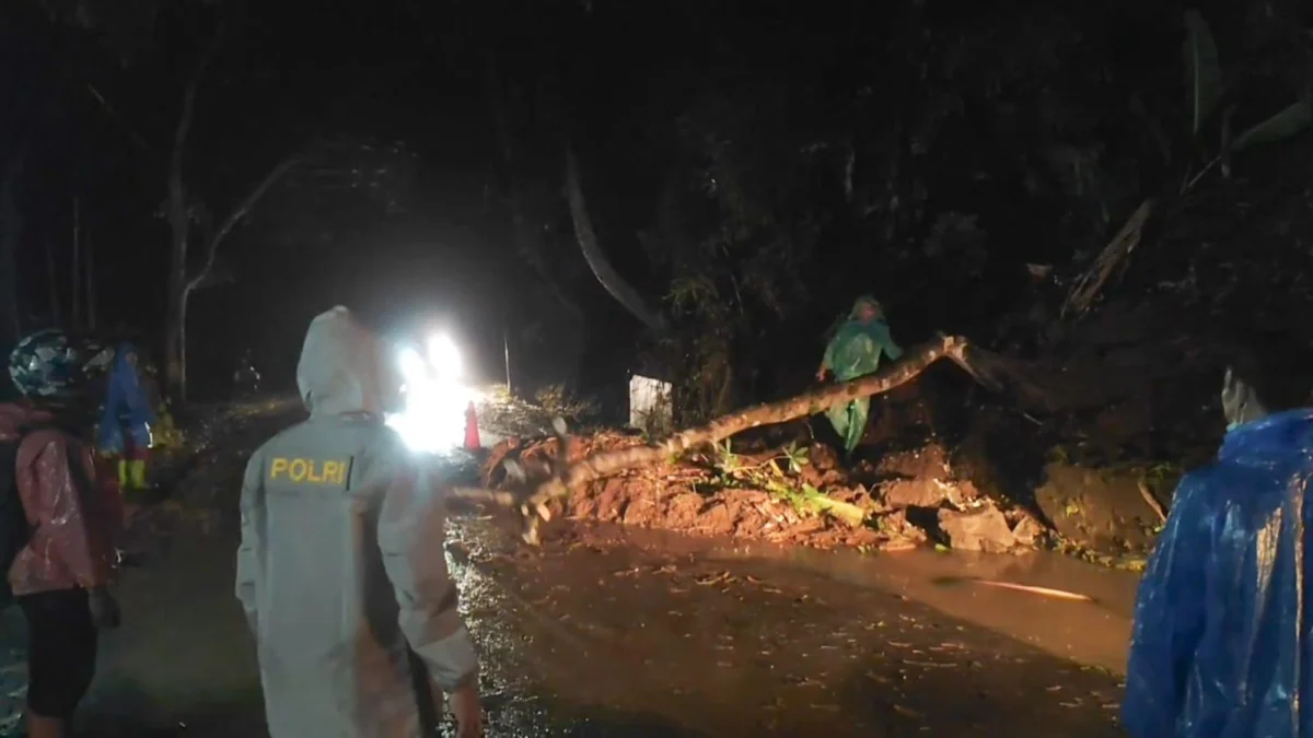 Tebing setinggi 15 meter di Blok Karoya, Desa Sandingtaman, Kecamatan Panjalu, Kabupaten Ciamis, longsor dan menutupi Jalan Panjalu-Kawali, Sabtu (5/4/2025) malam. (Istimewa)