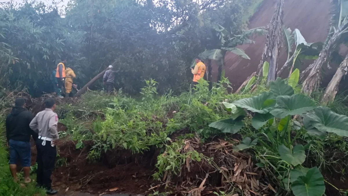 Kondisi longsor yang menutupi Jalan Raya Pangalengan tepatnya di Kampung Babakan Sukasari RT 01 RW 23, Desa Margamulya, Kecamatan Pangalengan, Senin (14/4/2025). Foto Istimewa