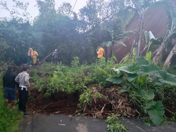 Kondisi longsor yang menutupi Jalan Raya Pangalengan tepatnya di Kampung Babakan Sukasari RT 01 RW 23, Desa Margamulya, Kecamatan Pangalengan, Senin (14/4/2025). Foto Istimewa