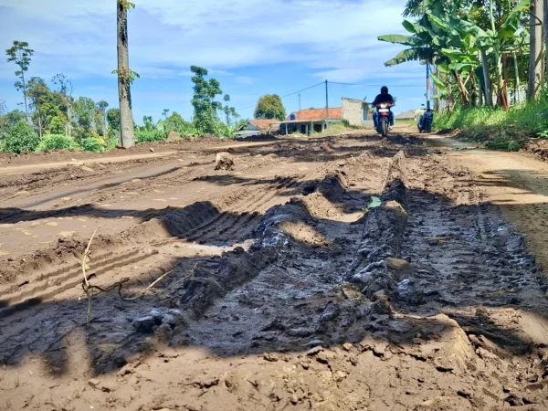 Kondisi jalan rusak di Kampung Salem Lapang, Desa Bojongkoneng, Kecamatan Ngamprah, Bandung Barat persulit angkut hasil pertanian. Dok Jabar Ekspres/Suwitno